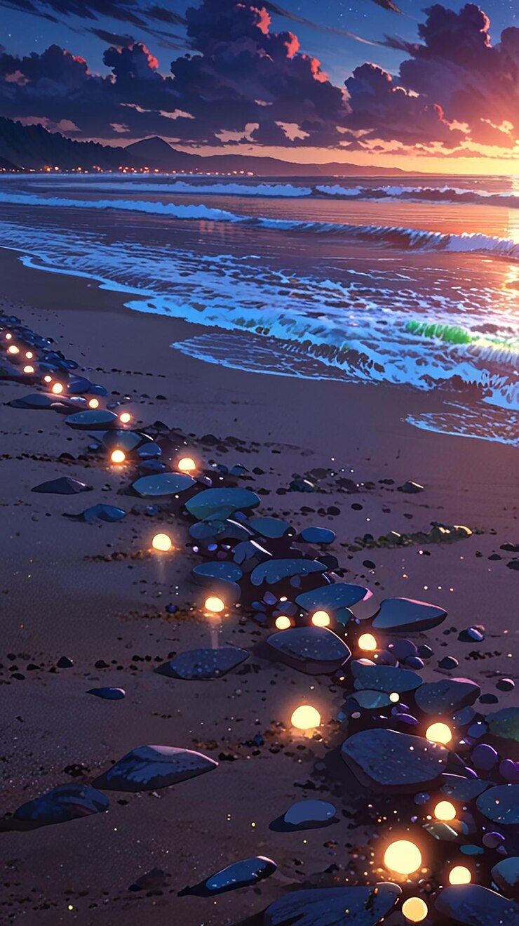 Serene Twilight Beach Escenario de puesta de sol costera inspirado en el anime