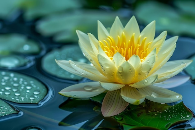 Serene Water Lily Bloom em Tranquil Pond com gotas de orvalho em Lily Pads Símbolo de Pureza e Paz em