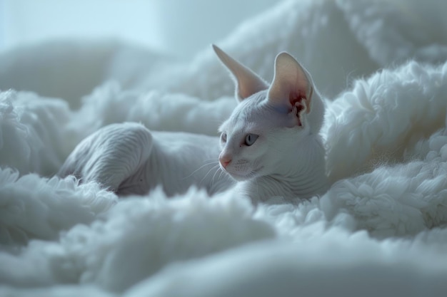 Serene White Sphynx Katze, die sich auf einer flauschigen Decke in sanftem Licht entspannt, friedliches Haustierkonzept