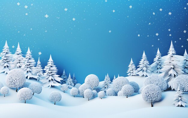 Serene Winter Wonderland Árboles nevados y copos de nieve sobre un fondo azul IA generativa