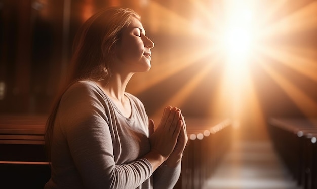 Foto a serene woman in a white shirt praying