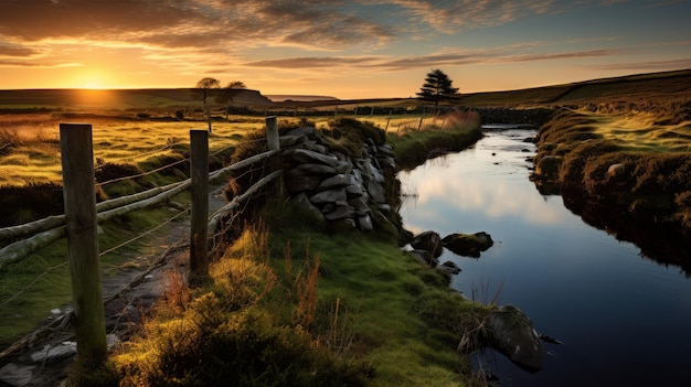 Serener Fluss im Wald Traditionelle britische Landschaft mit Steinzaun