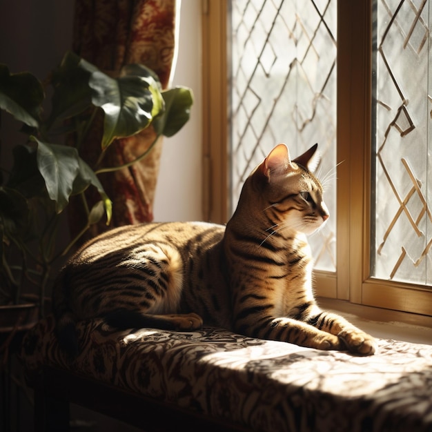 Serengeti Cat descansando en el alféizar de la ventana bañada por el sol