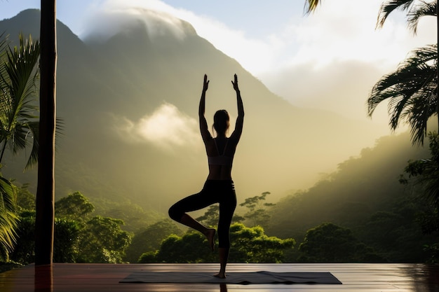 Serenidad al amanecer Yoga al aire libre en medio de un paisaje de montaña tropical