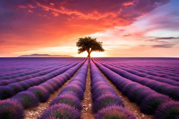 Foto serenidad al anochecer árbol solitario cautivador en medio de un campo de lavanda en valensole provenza francia