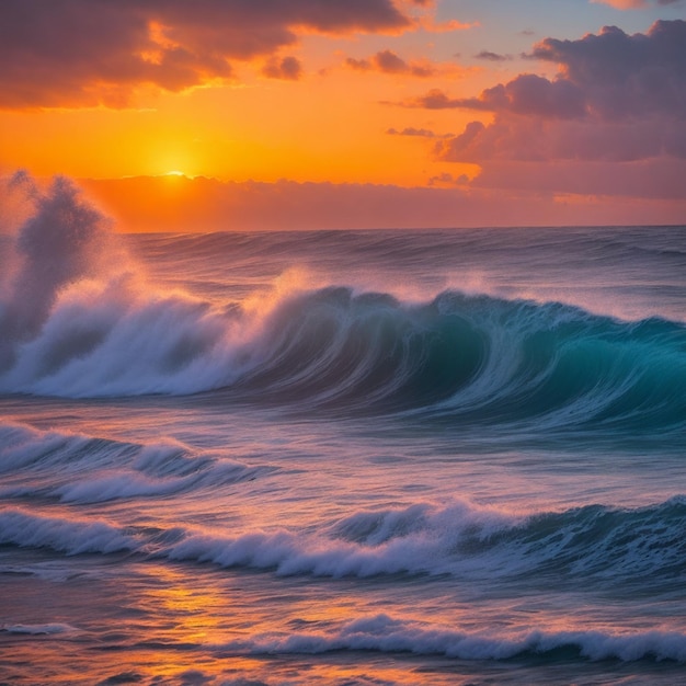 Serenidad al atardecer Las olas del océano se estrellan en la costa Generada por IA