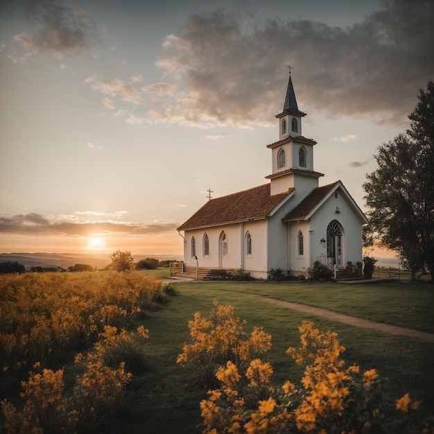 Serenidad al atardecer en la pequeña iglesia