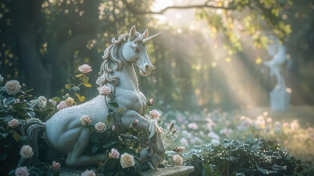 La serenidad del amanecer en un jardín secreto con un unicornio de mármol