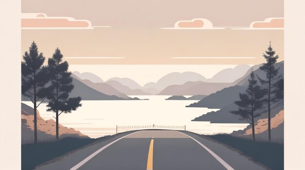 La serenidad de un camino vacío que lleva al lago Dibujo de un paisaje tranquilo