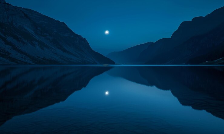 Serenidad Celestial Reflexión de un raro eclipse lunar en un lago de montaña tranquilo