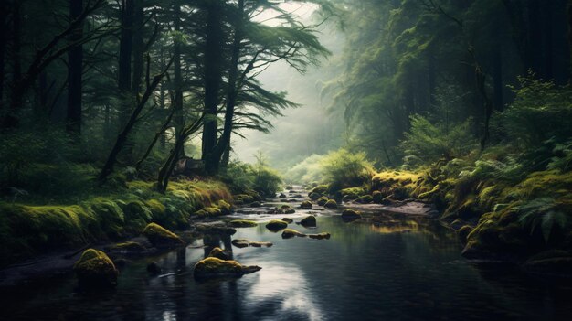 Serenidad cubierta de musgo Un arroyo tranquilo que fluye a través de un bosque frondoso GenerativeAI