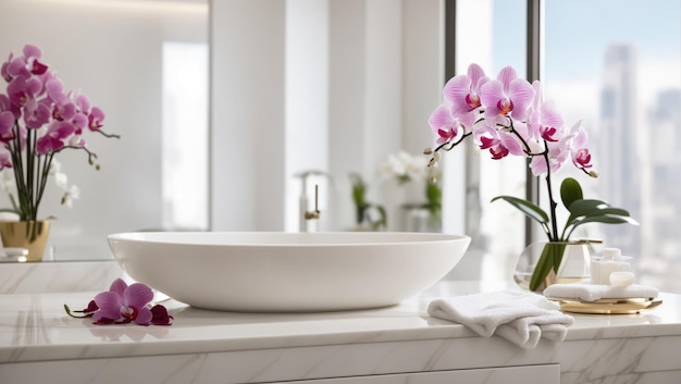 Serenidad en el diseño Un elegante escaparate de elegancia moderna en el baño blanco