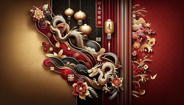 La serenidad dorada, el dragón chino encantador en medio de la elegancia floral.