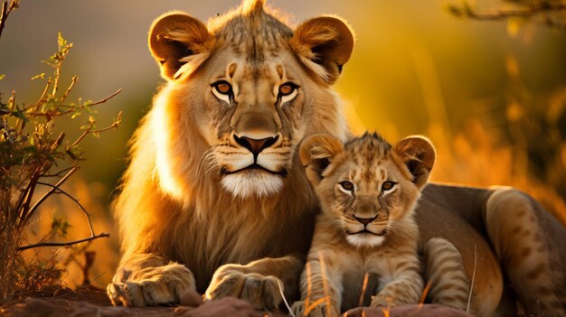 Serenidad dorada majestuosa familia de leones descansando en la hermosa sabana africana mientras el sol se pone