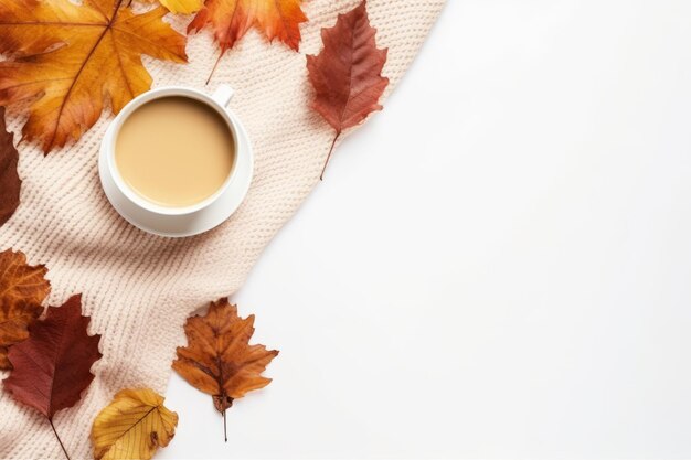 Serenidad estacional Una acogedora composición de otoño con suéter de punto hojas de café y velas