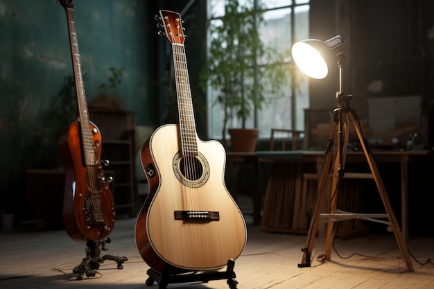 Serenidad de estudio Una guitarra acústica está lista para capturar la magia musical