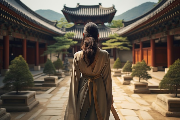 La serenidad exploró a la mujer asiática en hanbok en el patio del templo