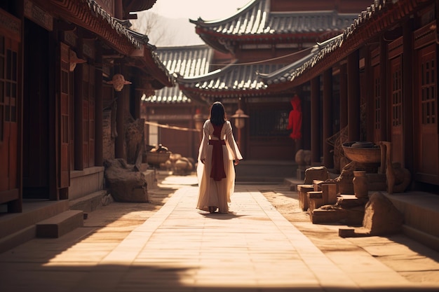 La serenidad exploró a la mujer asiática en hanbok en el patio del templo