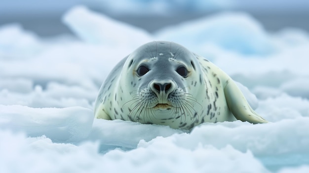 Serenidad en la foca de hielo en su hábitat Una imagen tranquila de una foca acostada en un glaciar nevado mirando hacia la distancia con su pelaje manchado mezclándose con el ambiente invernal del Ártico