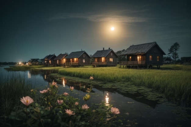 Serenidad iluminada por la luna: pintorescas casas pantanosas en medio de flores y resplandor de luna