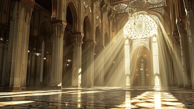 Serenidad iluminada por el sol Un interior islámico bañado en el cálido resplandor de la luz solar