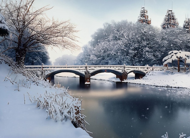 Foto serenidad invernal un puente sobre un río tranquilo y nevado