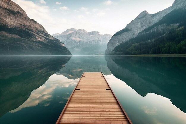 Serenidad junto al lago con tabla de madera en un entorno tranquilo y transparente