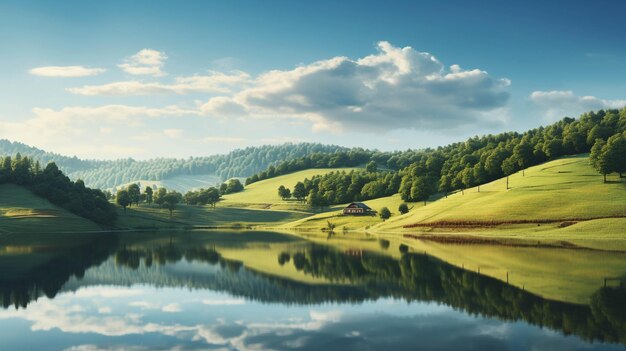 la serenidad de un lago reflectante anidado entre colinas onduladas