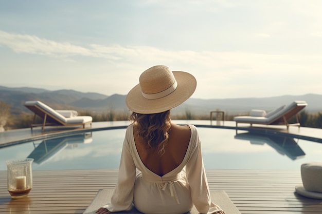 Serenidad de lujo Mujer elegante descansando junto a la piscina infinita Esencia de un retiro de lujo