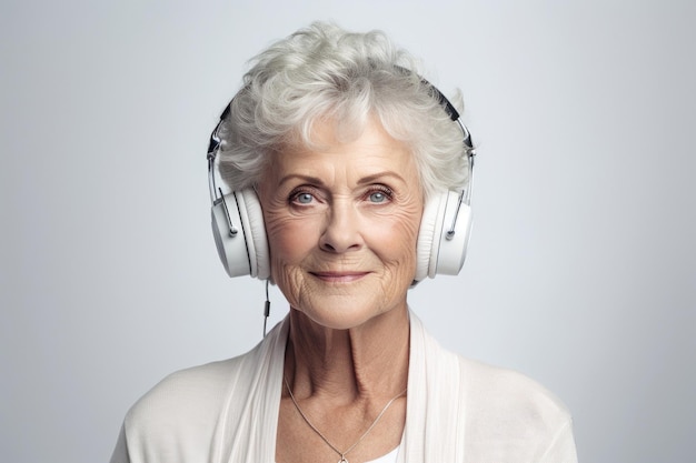 Serenidad mayor: un pensionista encuentra consuelo en su música y auriculares de fondo blanco