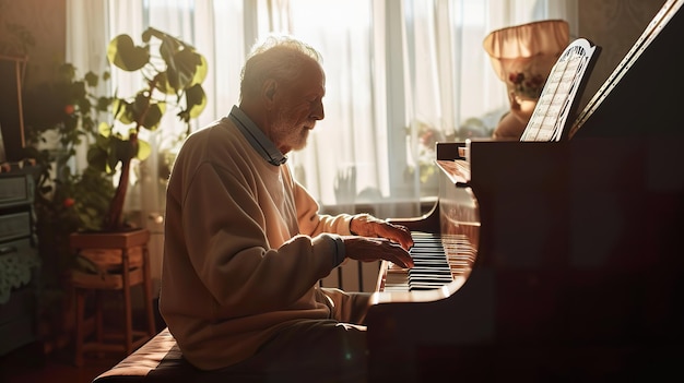 Serenidad melódica Pianista sénior creando armonía en el hogar