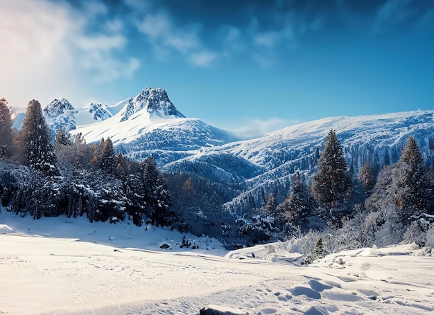 Serenidad de montaña, luz del sol en un país de las maravillas cubierto de nieve