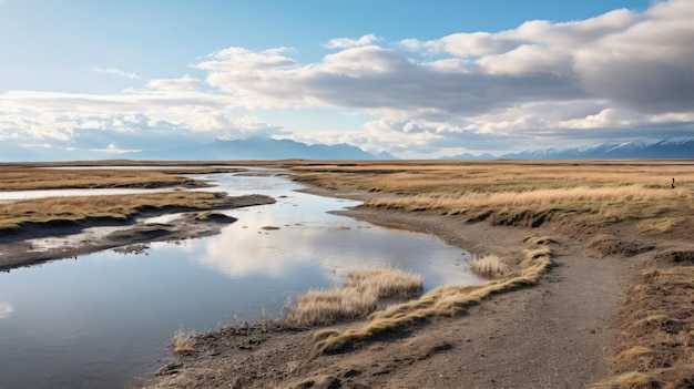 Serenidad en la naturaleza, una corriente tranquila en medio de tierras cubiertas de hierba y montañas majestuosas.