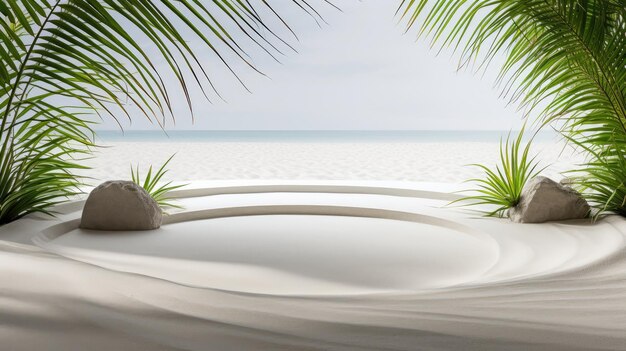 Serenidad en la naturaleza Jardín de arena blanca zen con palmeras que invitan a la atención y la paz