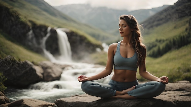 Serenidad en la naturaleza, mujer medita junto a una cascada, mente pacífica y belleza escénica capturada por IA