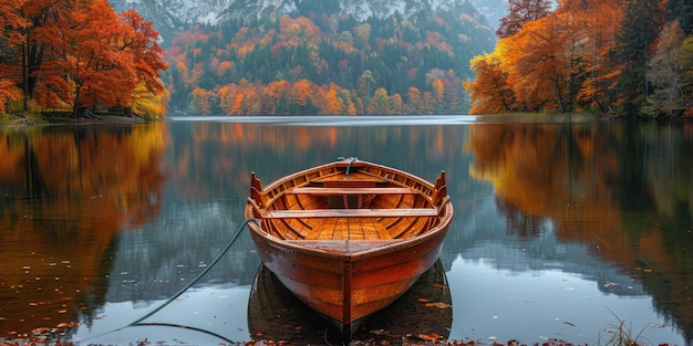 Serenidad de otoño Un barco de madera en un lago tranquilo