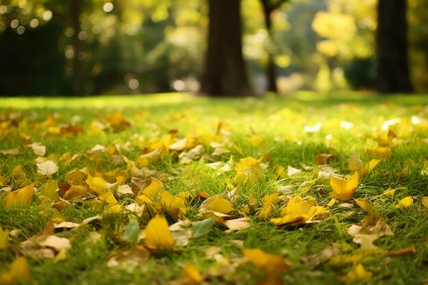 Serenidad en otoño Hojas caídas en el césped