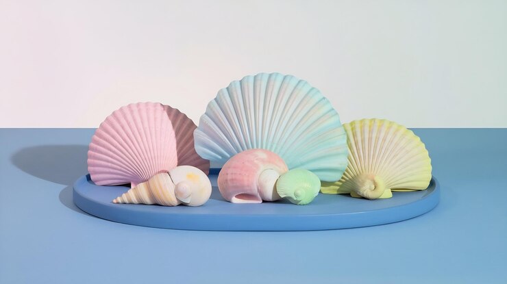 Foto serenidad pastel concha de mar naturaleza muerta en superficie azul arreglo armonioso con ligas suaves difusas