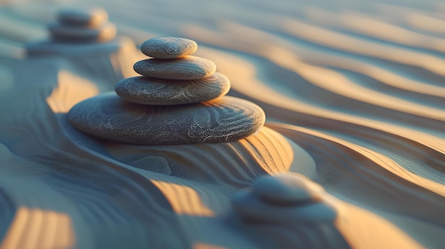 Foto serenidad en la playa de arena piedras zen en armonía al atardecer escena tranquila para la atención y la meditación perfecto para spa y bienestar ia