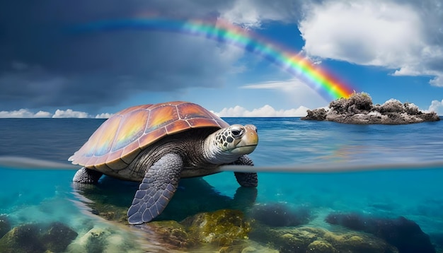 Serenidad en la playa, tortuga colorida con arco iris