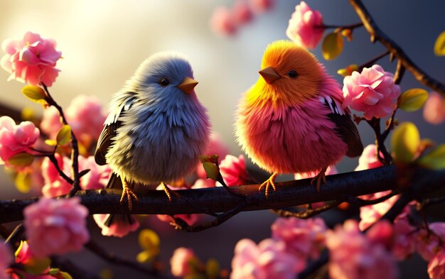 Serenidad de primavera Detalle alto Aves felices posadas en un árbol