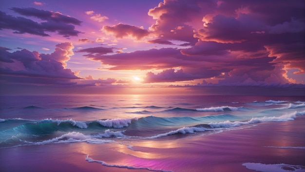 Serenidad radiante Una cautivadora puesta de sol en el mar con brillantes nubes de color púrpura y reflejos del arco iris
