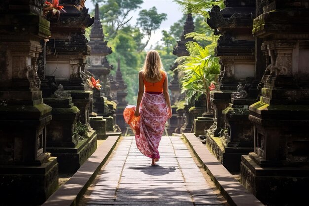 Foto la serenidad sagrada abraza la tradición en los templos de bali a través de la ropa de sarong