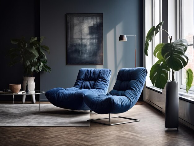 Serenidad de la sala de estar con sofá azul oscuro y silla reclinable Diseño interior
