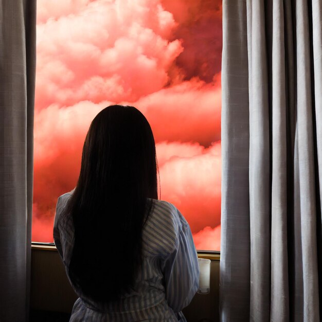 Foto serenidad seductora una mirada a través de nubes rojas y negras en una habitación de hotel