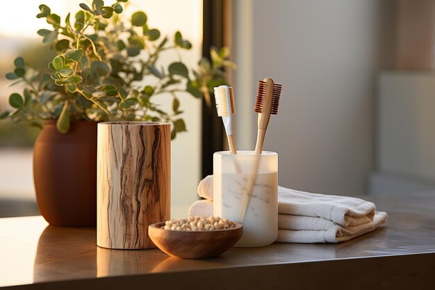 Foto serenidad en simplicidad decoración minimalista del baño con acentos de madera y mármol