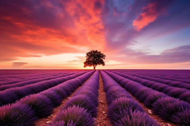 Foto serenidad sobre el mar de lavanda majestica puesta de sol en valensole provenza francia