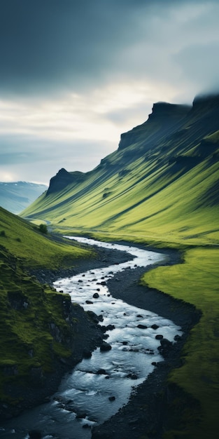 Serenidad sombría Imagen cautivadora de montañas verdes y arroyos sinuosos en Islandia