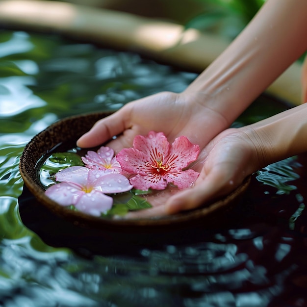 Foto serenidad del spa mano femenina y flor en un entorno de agua serena para las redes sociales