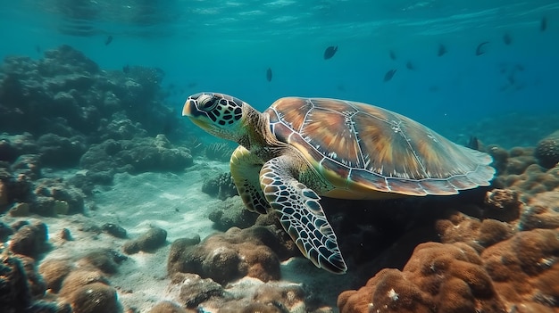 Serenidad submarina Una majestuosa tortuga se desliza por los arrecifes de coral en la Gran Barrera de Coral